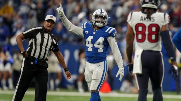 Indianapolis Colts linebacker Zaire Franklin (44) celebrates a stop Sunday, Jan. 8, 2023, during a game against the Houston Texans at Lucas Oil Stadium in Indianapolis.